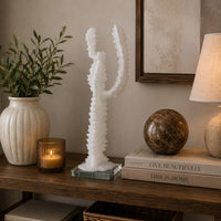 Erica Decorative Cactus Sculpture on Glass Base, White Resin 18 Inch-BM353525