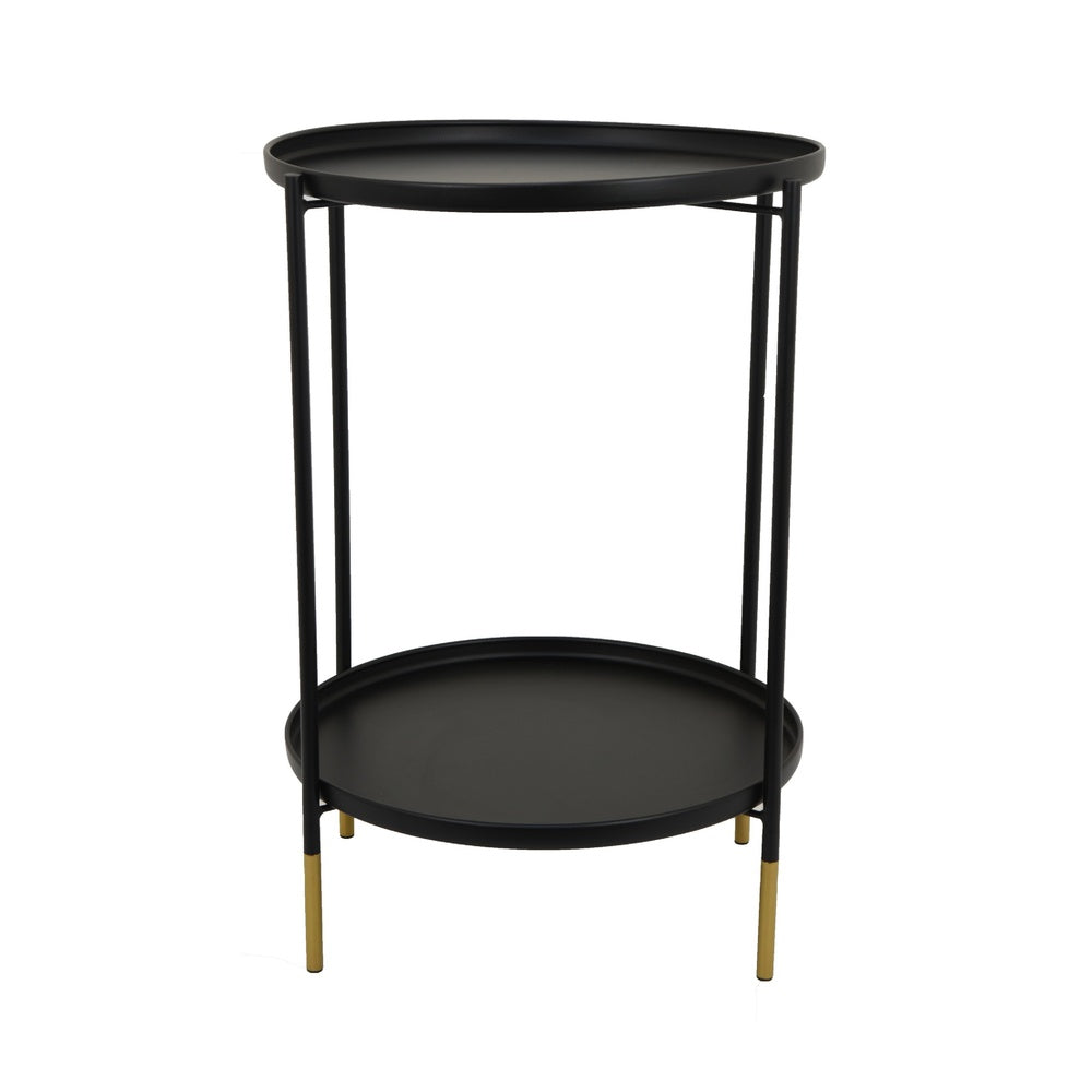 Addy Two-Tier Round Side Table with Tray Shelves Accent, Black Metal 24 Inch-BM353526