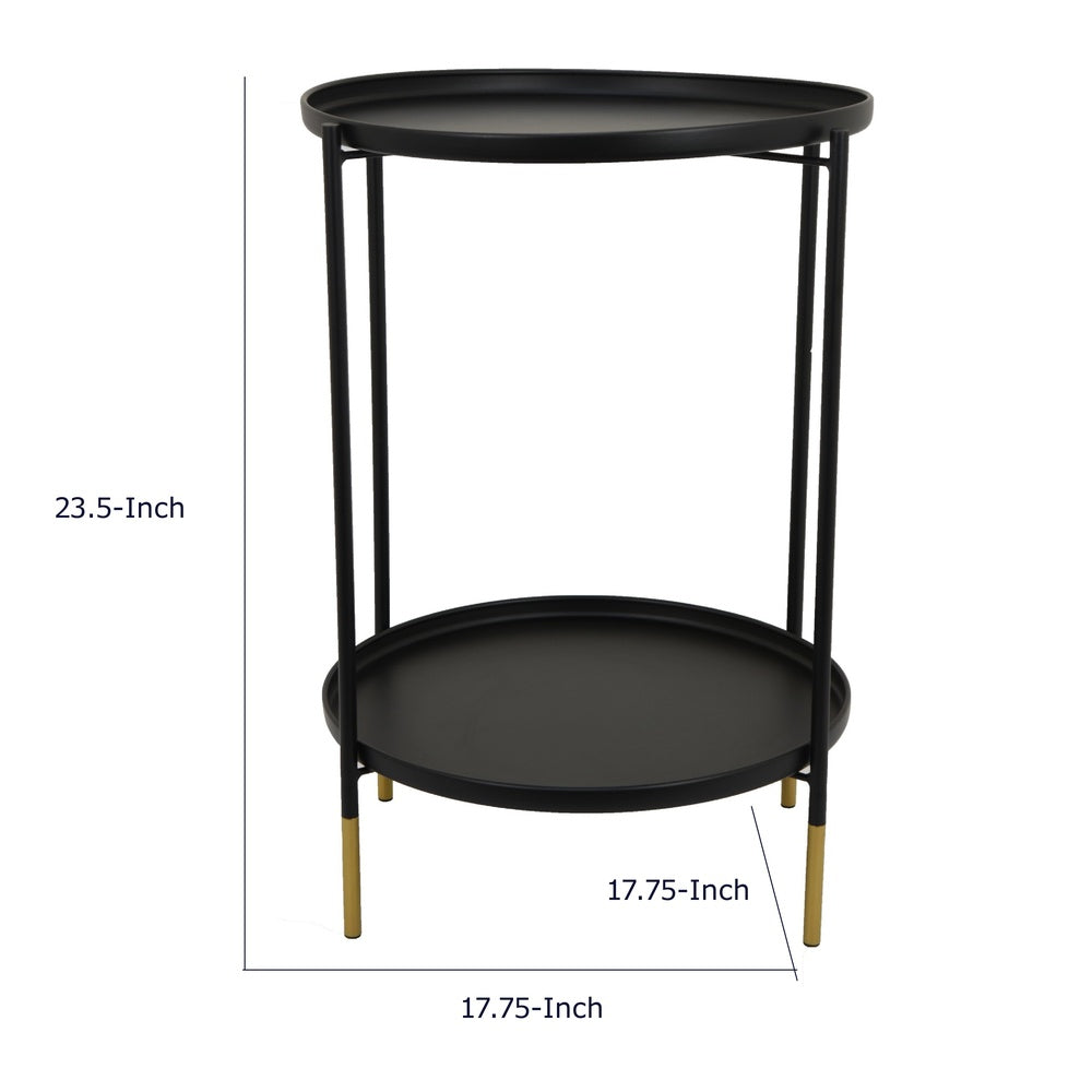 Addy Two-Tier Round Side Table with Tray Shelves Accent, Black Metal 24 Inch-BM353526