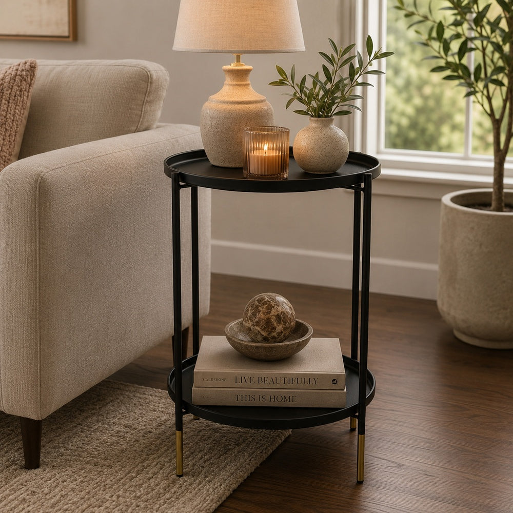 Addy Two-Tier Round Side Table with Tray Shelves Accent, Black Metal 24 Inch-BM353526
