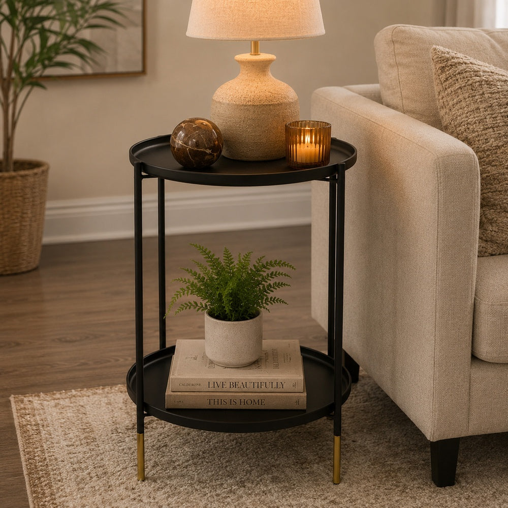 Addy Two-Tier Round Side Table with Tray Shelves Accent, Black Metal 24 Inch-BM353526