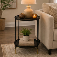 Addy Two-Tier Round Side Table with Tray Shelves Accent, Black Metal 24 Inch-BM353526