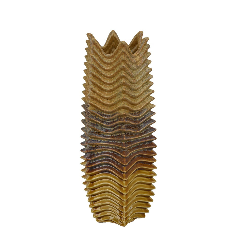 Barny Decorative Vase with Layered Waves, Textured Brown Ceramic 16 Inch-BM353527