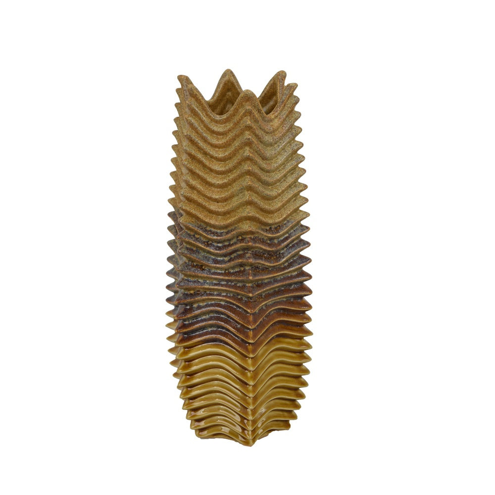 Barny Decorative Vase with Layered Waves, Textured Brown Ceramic 16 Inch-BM353527