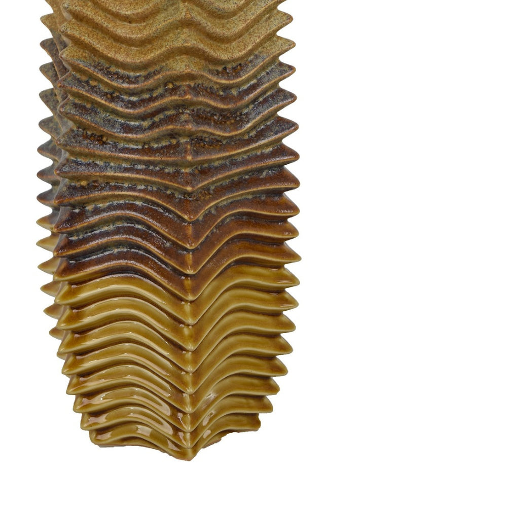 Barny Decorative Vase with Layered Waves, Textured Brown Ceramic 16 Inch-BM353527