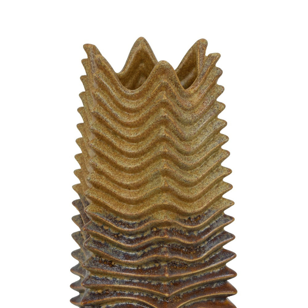 Barny Decorative Vase with Layered Waves, Textured Brown Ceramic 16 Inch-BM353527
