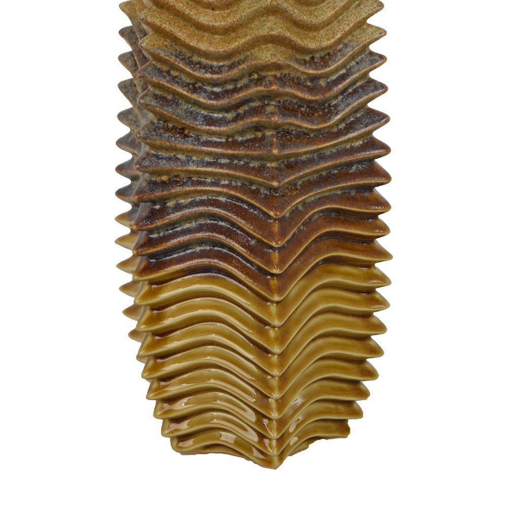 Barny Decorative Vase with Layered Waves, Textured Brown Ceramic 16 Inch-BM353527