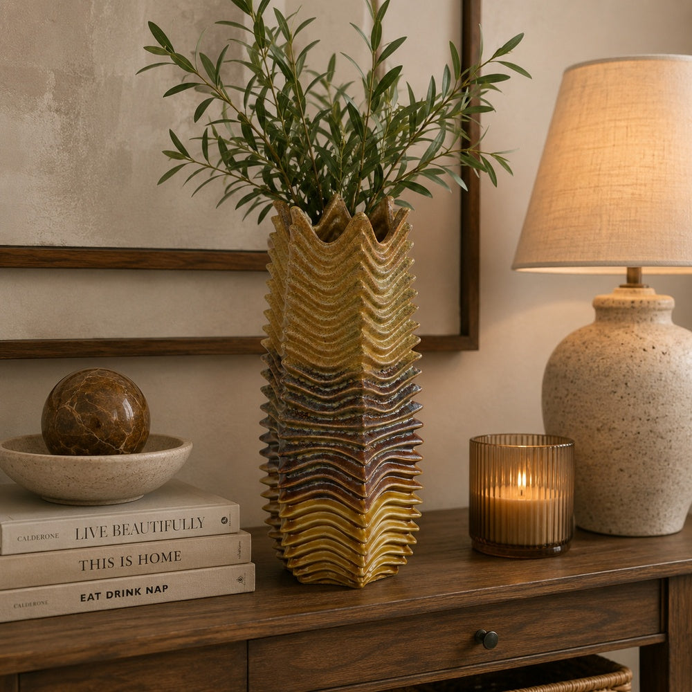 Barny Decorative Vase with Layered Waves, Textured Brown Ceramic 16 Inch-BM353527