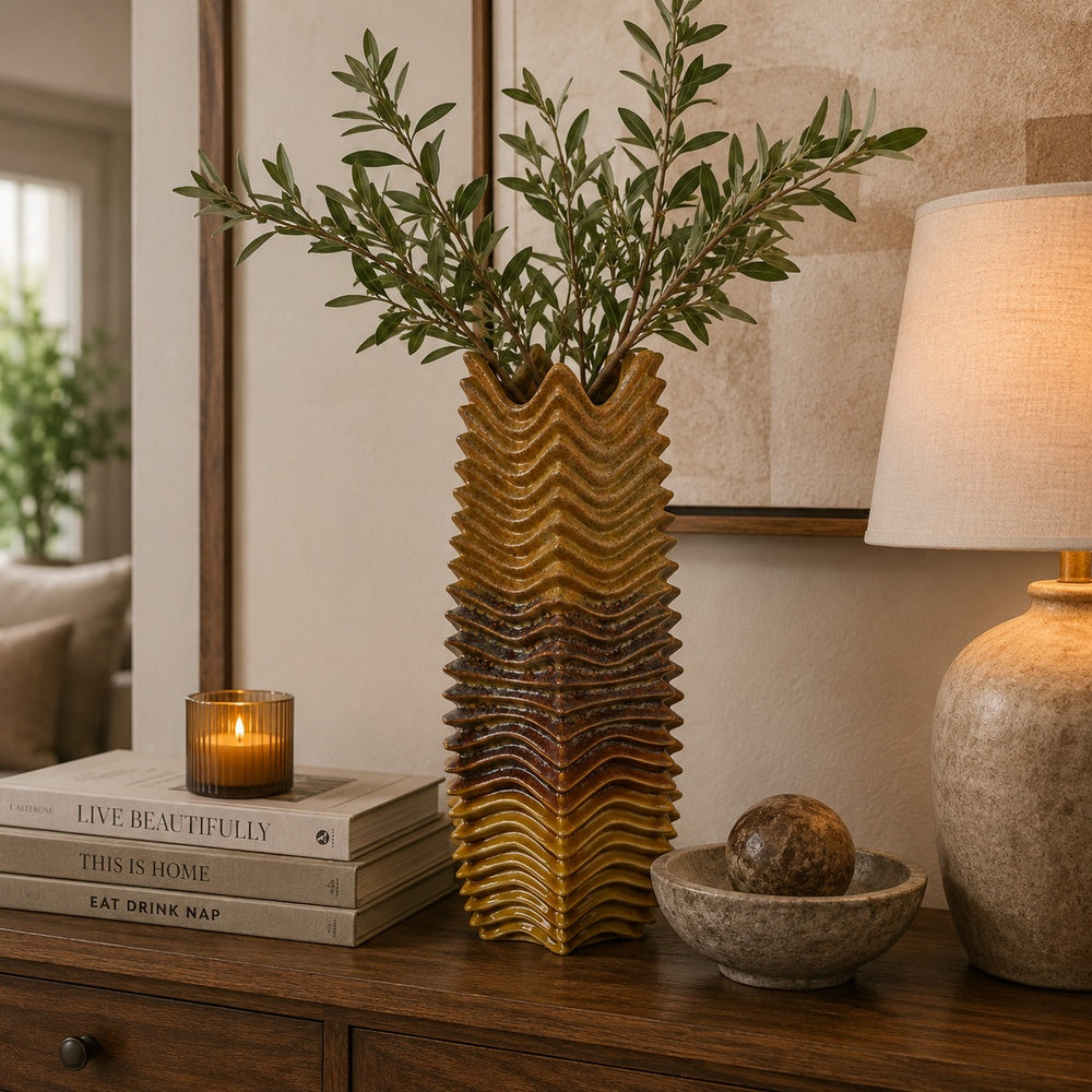Barny Decorative Vase with Layered Waves, Textured Brown Ceramic 16 Inch-BM353527