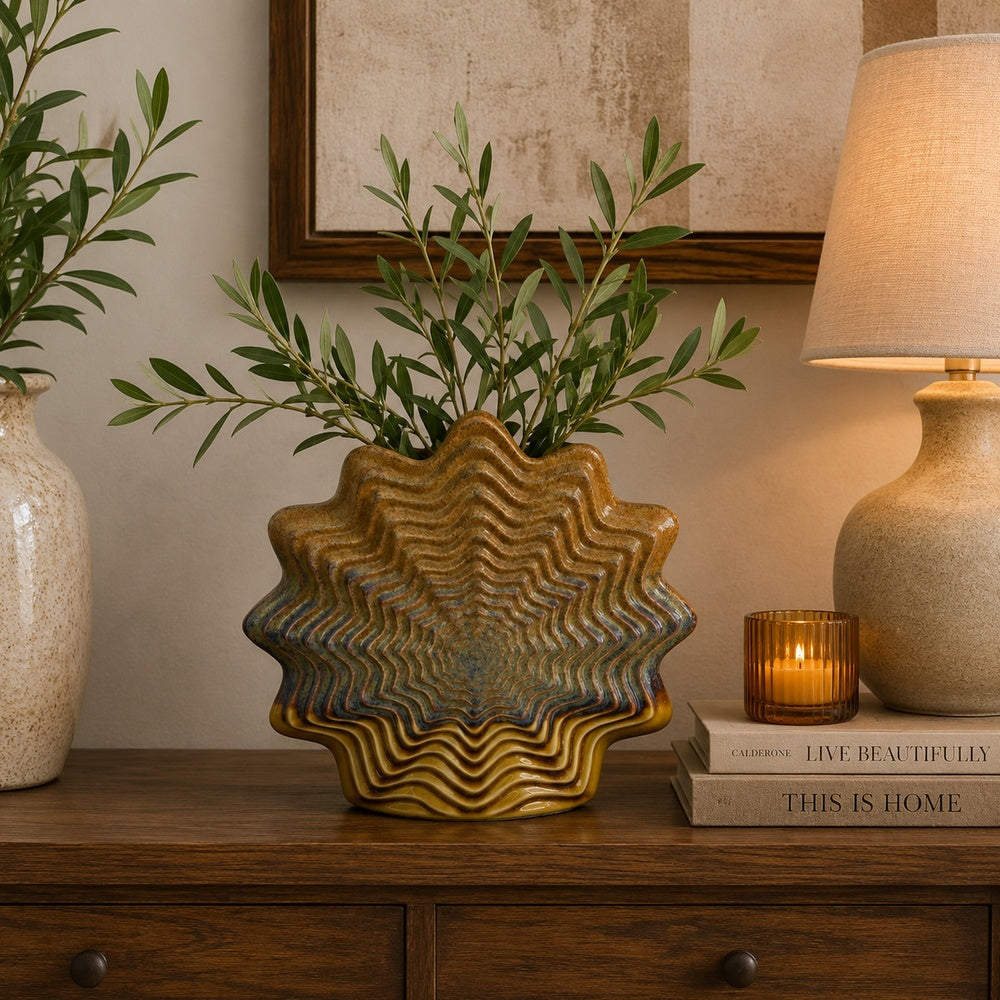 Gima Modern Vase with Wavy Sculptural Design, Brown Textured Ceramic 12 Inch-BM353528