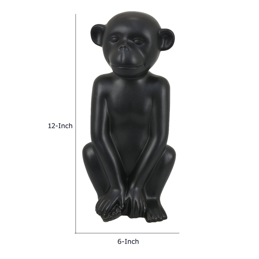 Nancy Decorative Monkey Sculpture in Seated Pose, Matte Black Ceramic 12 Inch-BM353529