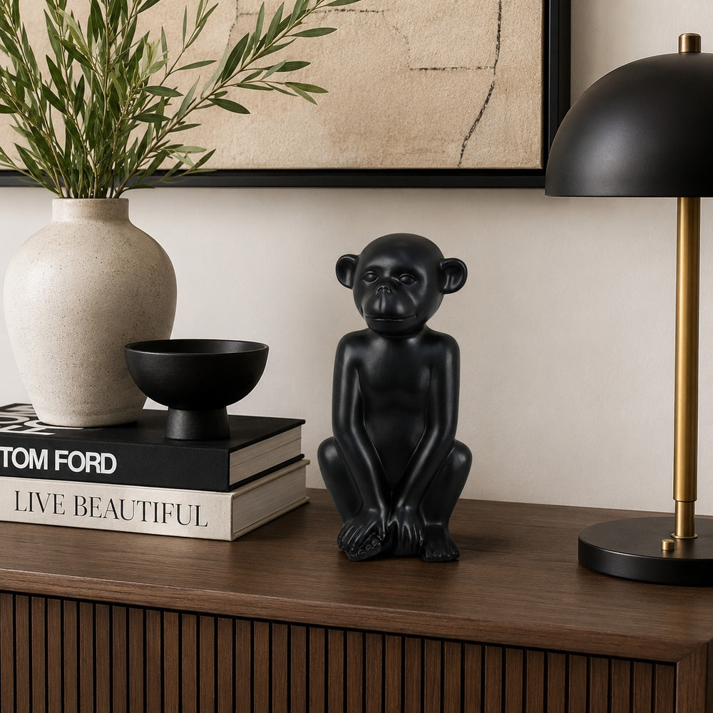 Nancy Decorative Monkey Sculpture in Seated Pose, Matte Black Ceramic 12 Inch-BM353529