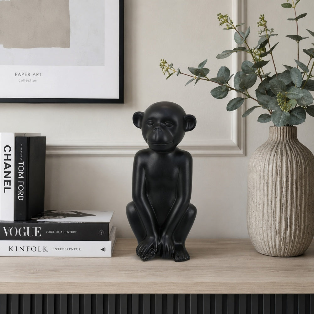 Nancy Decorative Monkey Sculpture in Seated Pose, Matte Black Ceramic 12 Inch-BM353529
