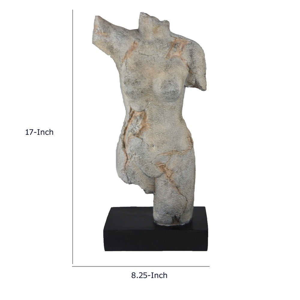Ricky Female Torso Sculpture, Black Base, Distress Gray Resin 17 Inch-BM353530