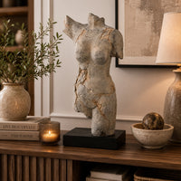 Ricky Female Torso Sculpture, Black Base, Distress Gray Resin 17 Inch-BM353530