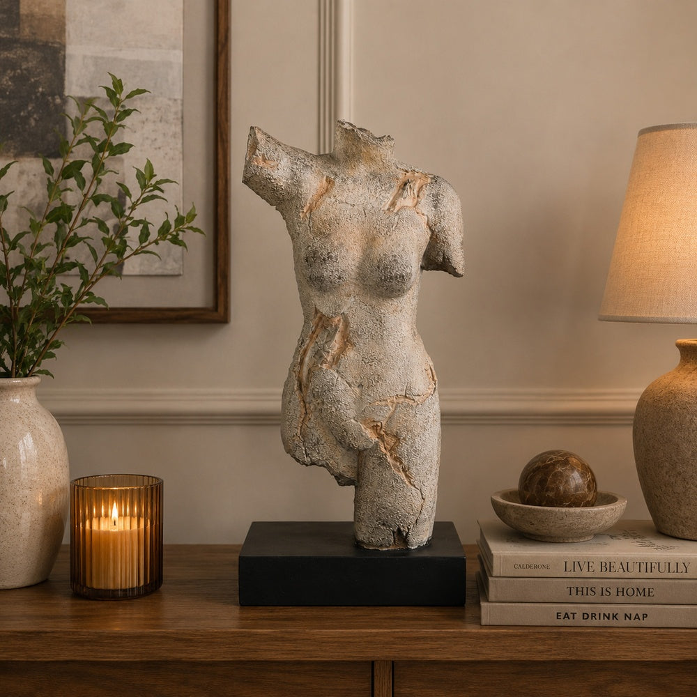 Ricky Female Torso Sculpture, Black Base, Distress Gray Resin 17 Inch-BM353530