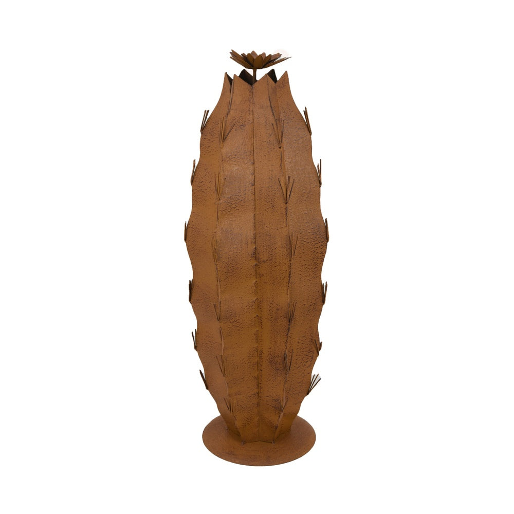 Wendy Decorative Cactus Sculpture on Round Base, Rustic Brown Metal-BM353531
