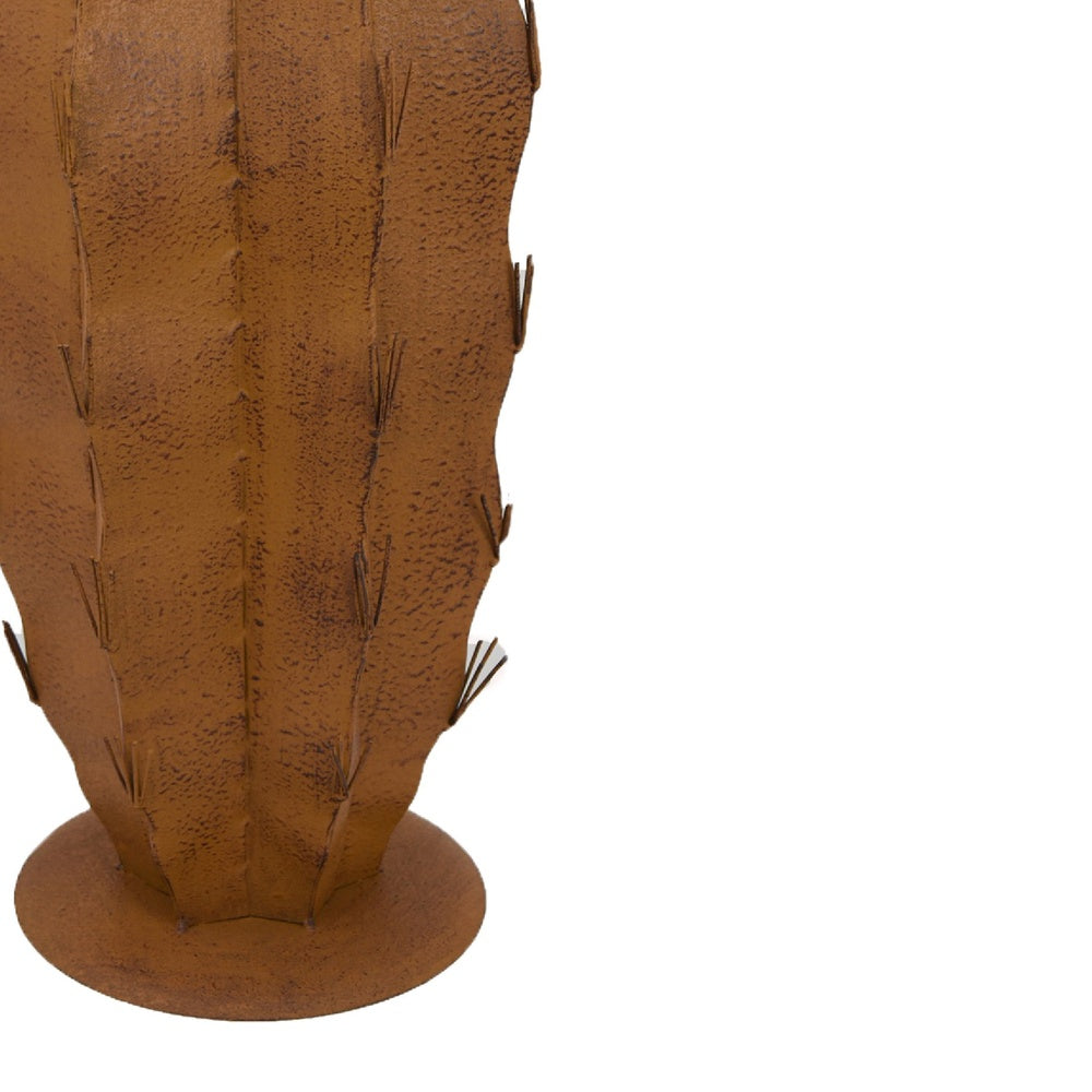 Wendy Decorative Cactus Sculpture on Round Base, Rustic Brown Metal-BM353531