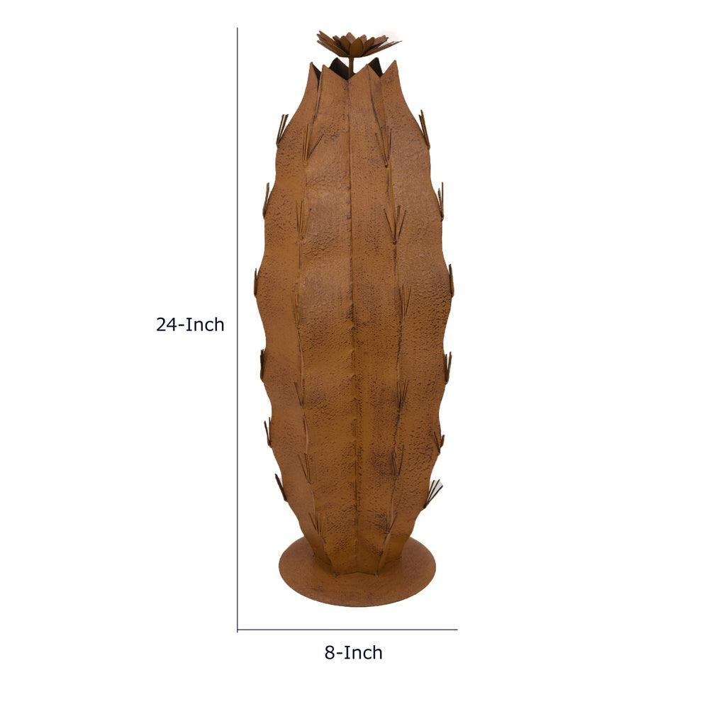 Wendy Decorative Cactus Sculpture on Round Base, Rustic Brown Metal-BM353531