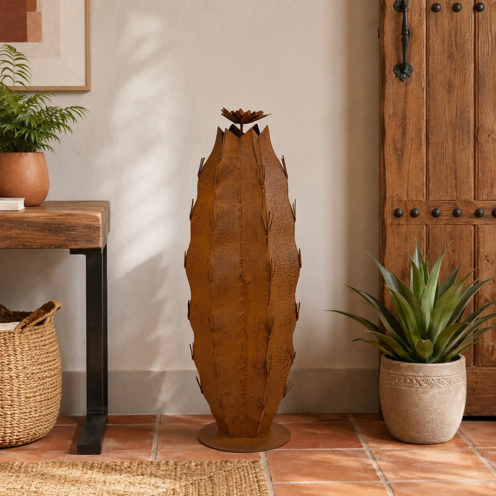 Wendy Decorative Cactus Sculpture on Round Base, Rustic Brown Metal-BM353531