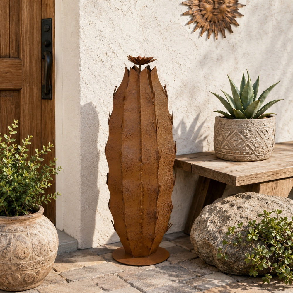 Wendy Decorative Cactus Sculpture on Round Base, Rustic Brown Metal-BM353531