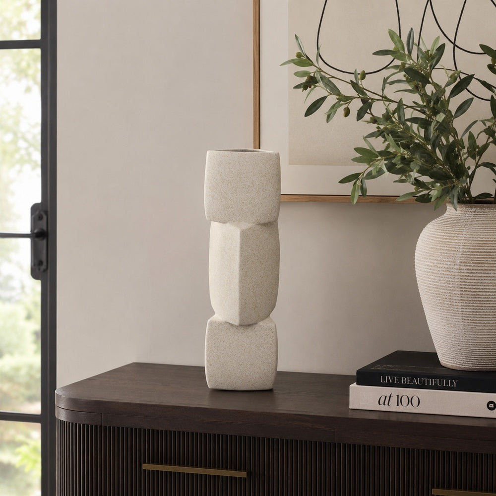 Emery Sculptural Vase with Geometric Details, White Textured Ceramic 20 Inch-BM353532