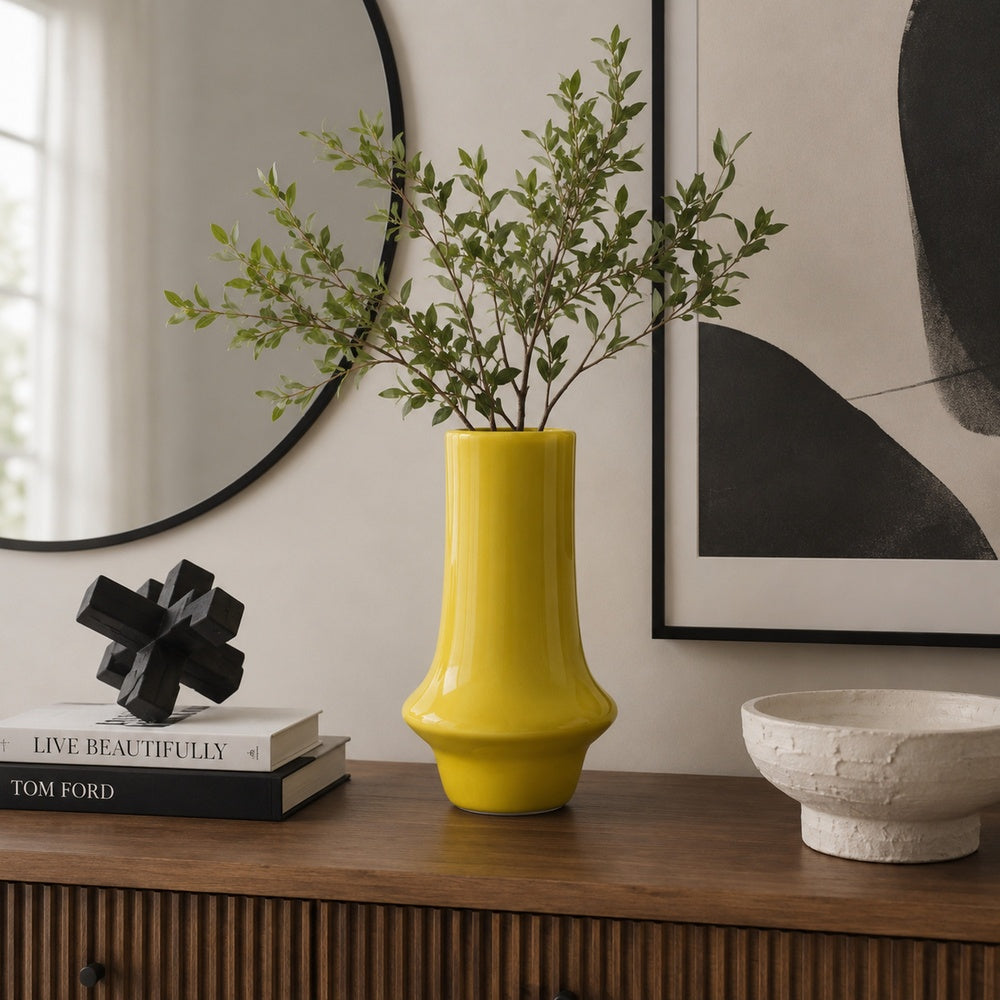 Ziva Modern Decorative Vase with Flared Base, Yellow Ceramic 12 Inch-BM353537