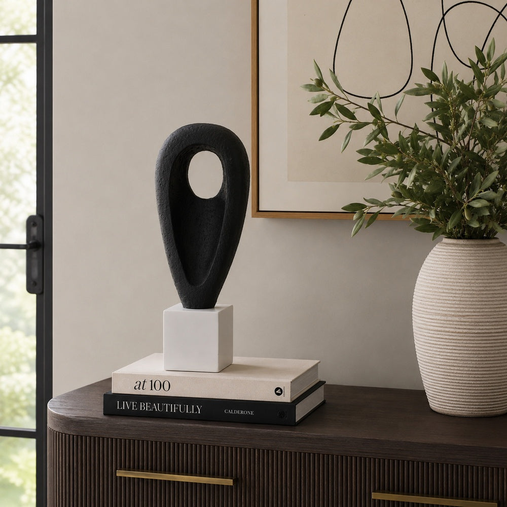 Decorative Tabletop Accent, White Marble Base, Black Teardrop, 18 Inch-BM353539