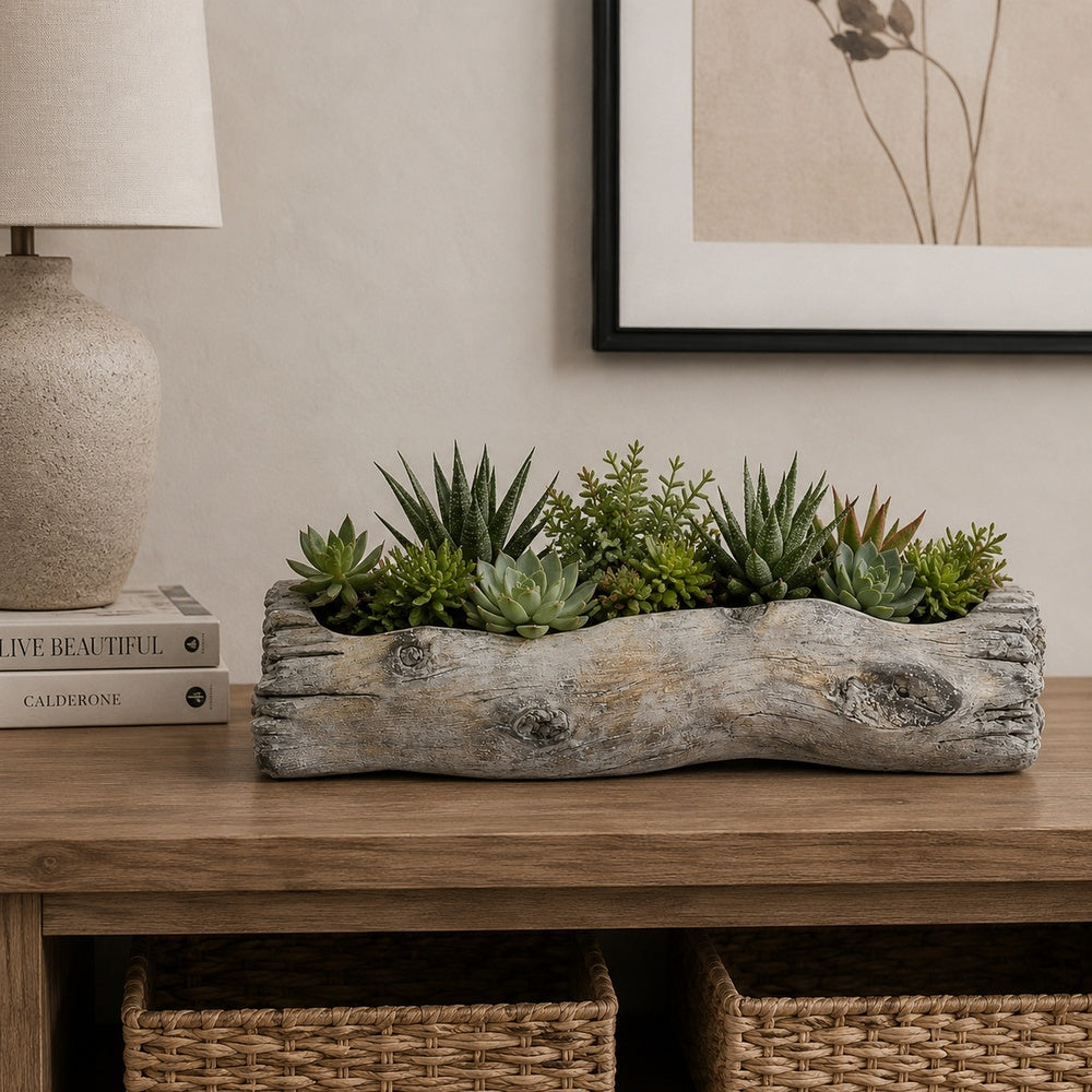 Decorative Faux Log Planter, Driftwood Style Terracotta, 13 Inch Gray-BM353542