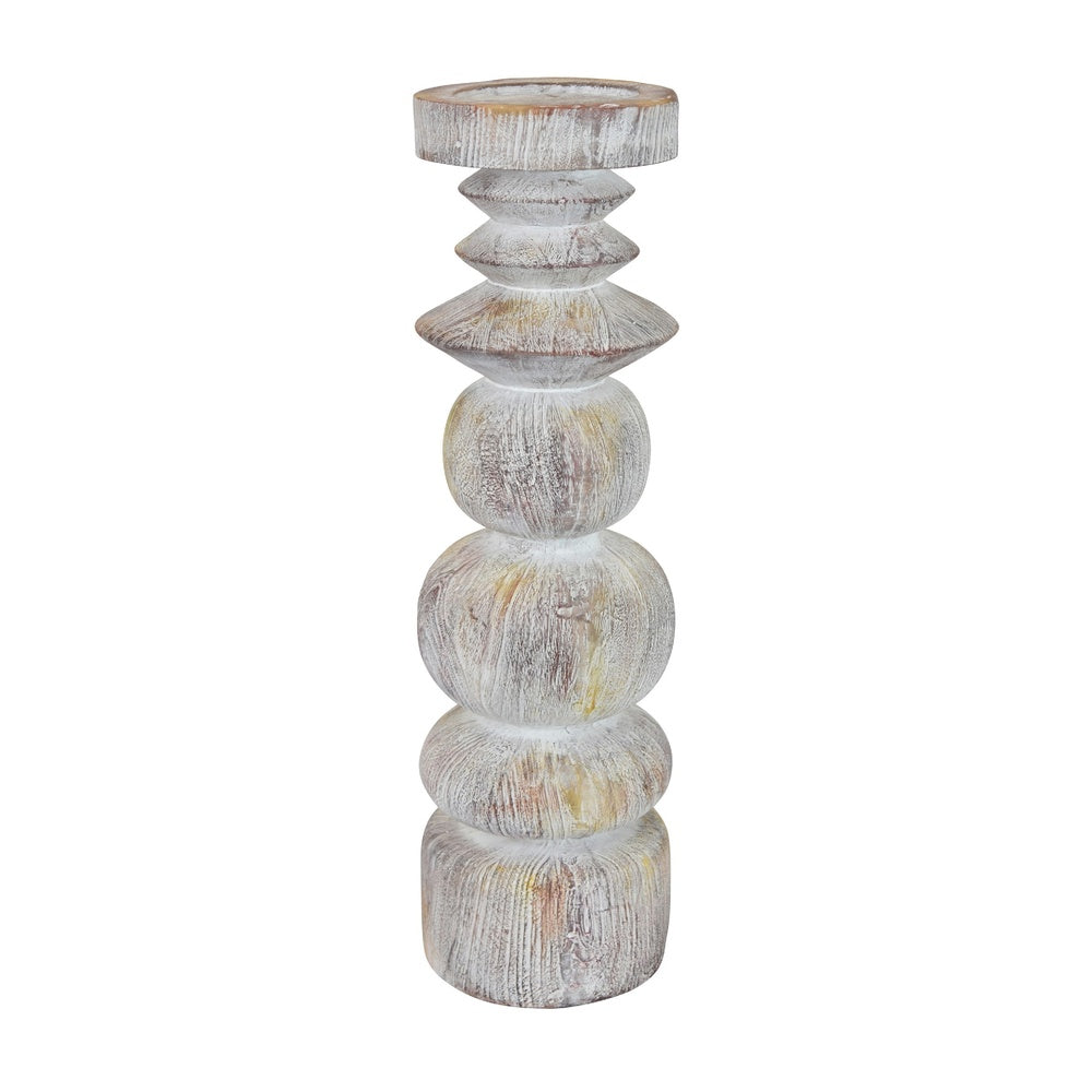 Josi Tabletop Décor Candle Holder, Sculpted Turned Whitewash Resin, 18 Inch -BM353543