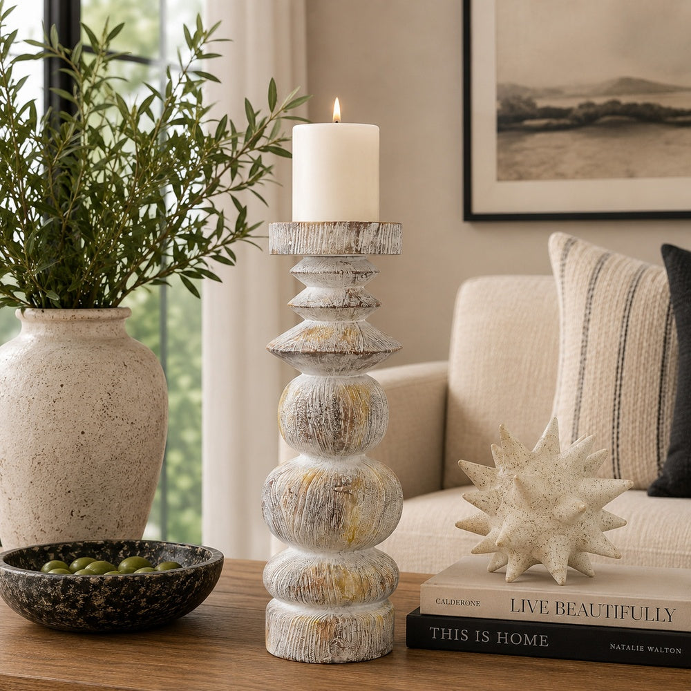 Josi Tabletop Décor Candle Holder, Sculpted Turned Whitewash Resin, 18 Inch -BM353543