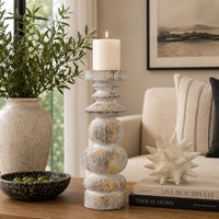 Josi Tabletop Décor Candle Holder, Sculpted Turned Whitewash Resin, 18 Inch -BM353543