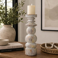 Josi Tabletop Décor Candle Holder, Sculpted Turned Whitewash Resin, 18 Inch -BM353543