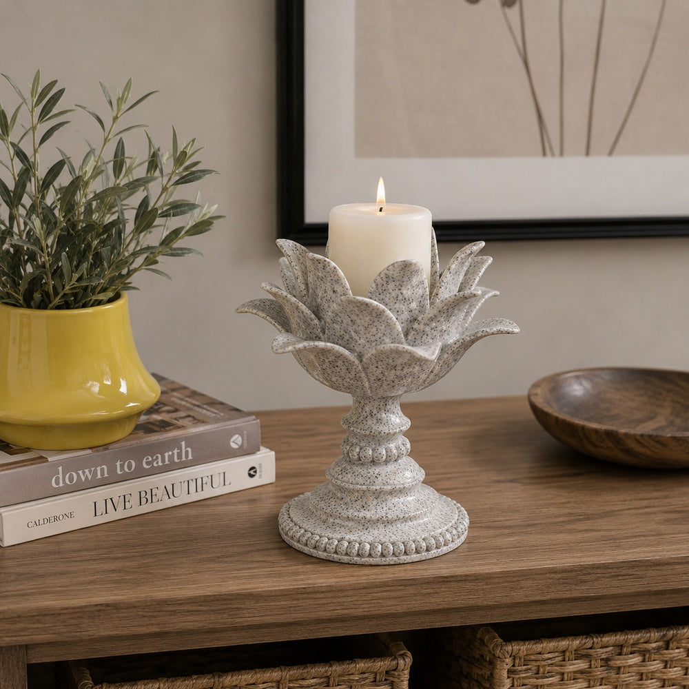 Tabletop Décor Candle Holder, Lotus Leaf Sculptural, Speckled Gray, 10 Inch-BM353544