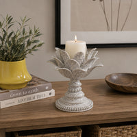 Tabletop Décor Candle Holder, Lotus Leaf Sculptural, Speckled Gray, 10 Inch-BM353544