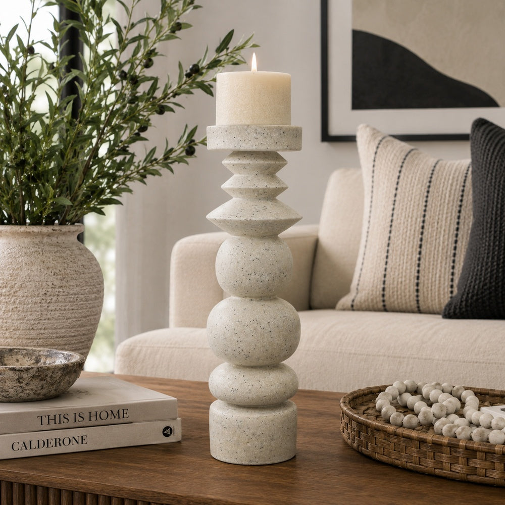 Josi Tabletop Décor Candle Holder, Sculpted Turned White Resin, 18 Inch -BM353545