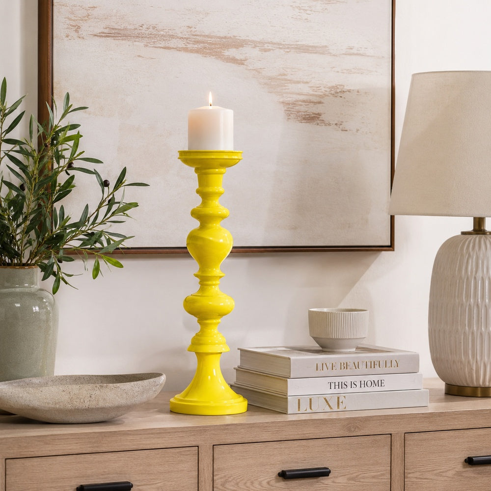 Meo Tabletop Décor Candle Holder, Sculpted Turned Yellow Resin, 20 Inch-BM353547