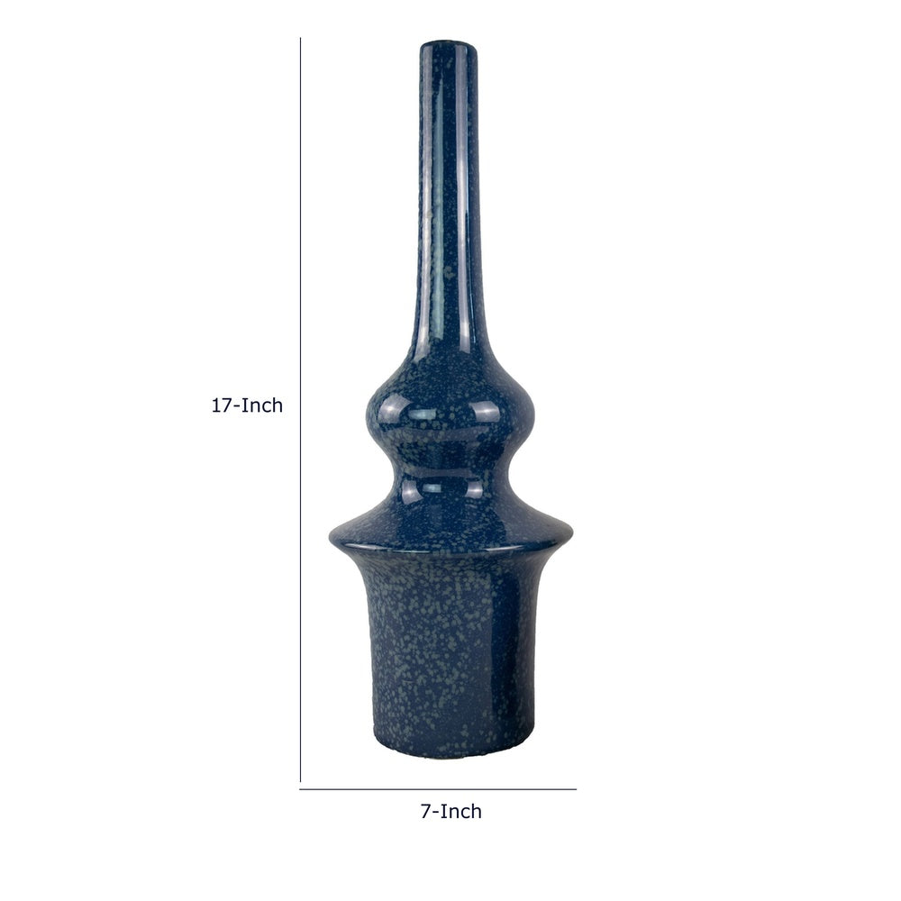 Fea Decorative Flower Vase, Narrow Mouth, Turned Blue Ceramic, 21 Inch-BM353548