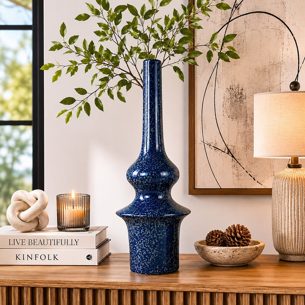 Fea Decorative Flower Vase, Narrow Mouth, Turned Blue Ceramic, 21 Inch-BM353548