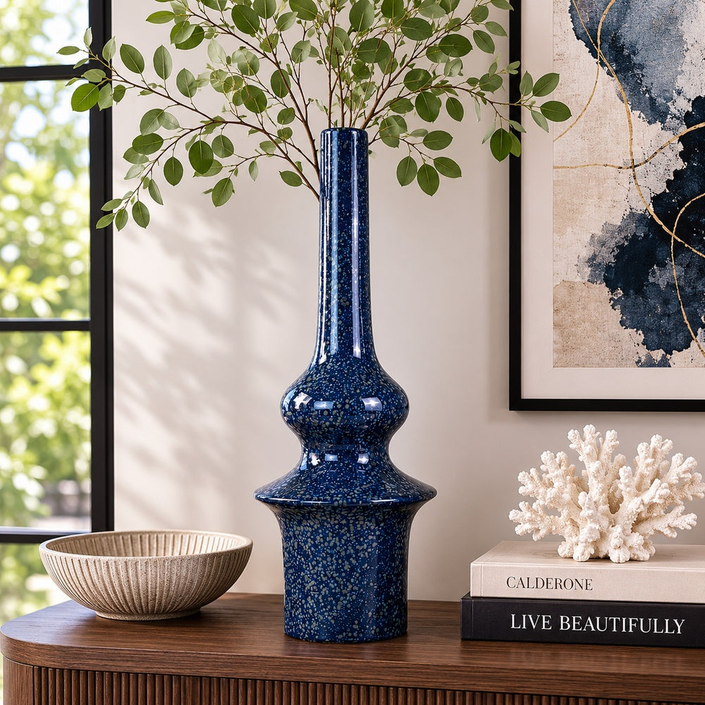 Fea Decorative Flower Vase, Narrow Mouth, Turned Blue Ceramic, 21 Inch-BM353548