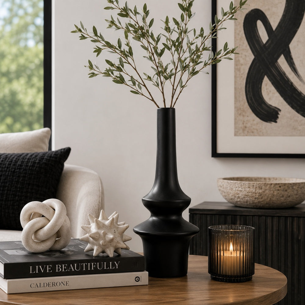 Fea Decorative Flower Vase, Narrow Mouth, Turned Black Ceramic, 17 Inch-BM353549