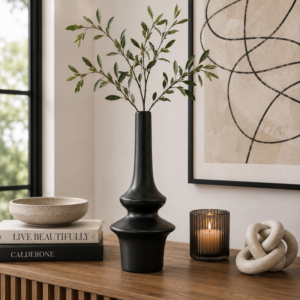 Fea Decorative Flower Vase, Narrow Mouth, Turned Black Ceramic, 17 Inch-BM353549