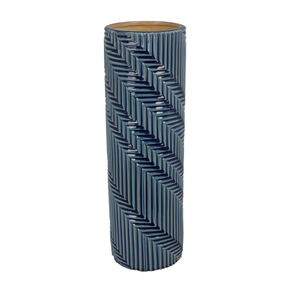 Decorative Flower Vase, Textured Herringbone, Blue Ceramic, 20 Inch-BM353551