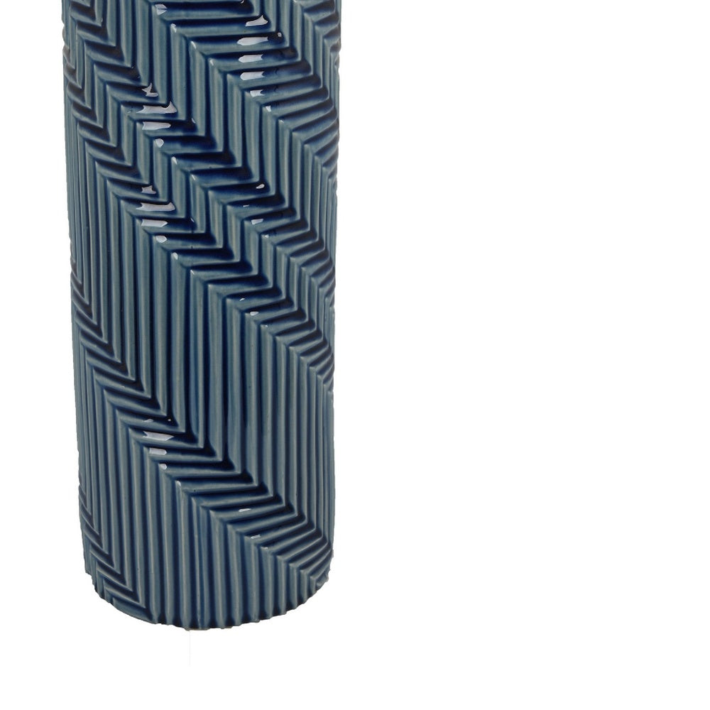Decorative Flower Vase, Textured Herringbone, Blue Ceramic, 20 Inch-BM353551