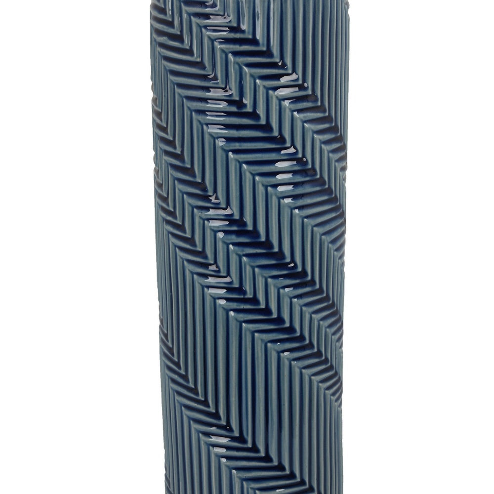 Decorative Flower Vase, Textured Herringbone, Blue Ceramic, 20 Inch-BM353551