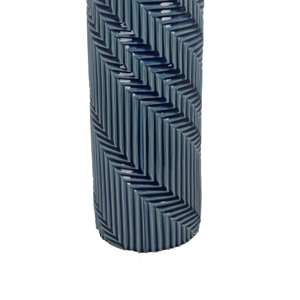 Decorative Flower Vase, Textured Herringbone, Blue Ceramic, 20 Inch-BM353551