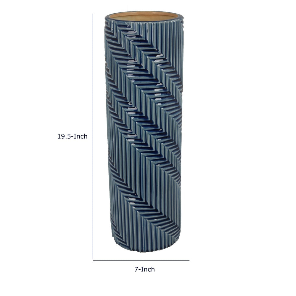 Decorative Flower Vase, Textured Herringbone, Blue Ceramic, 20 Inch-BM353551