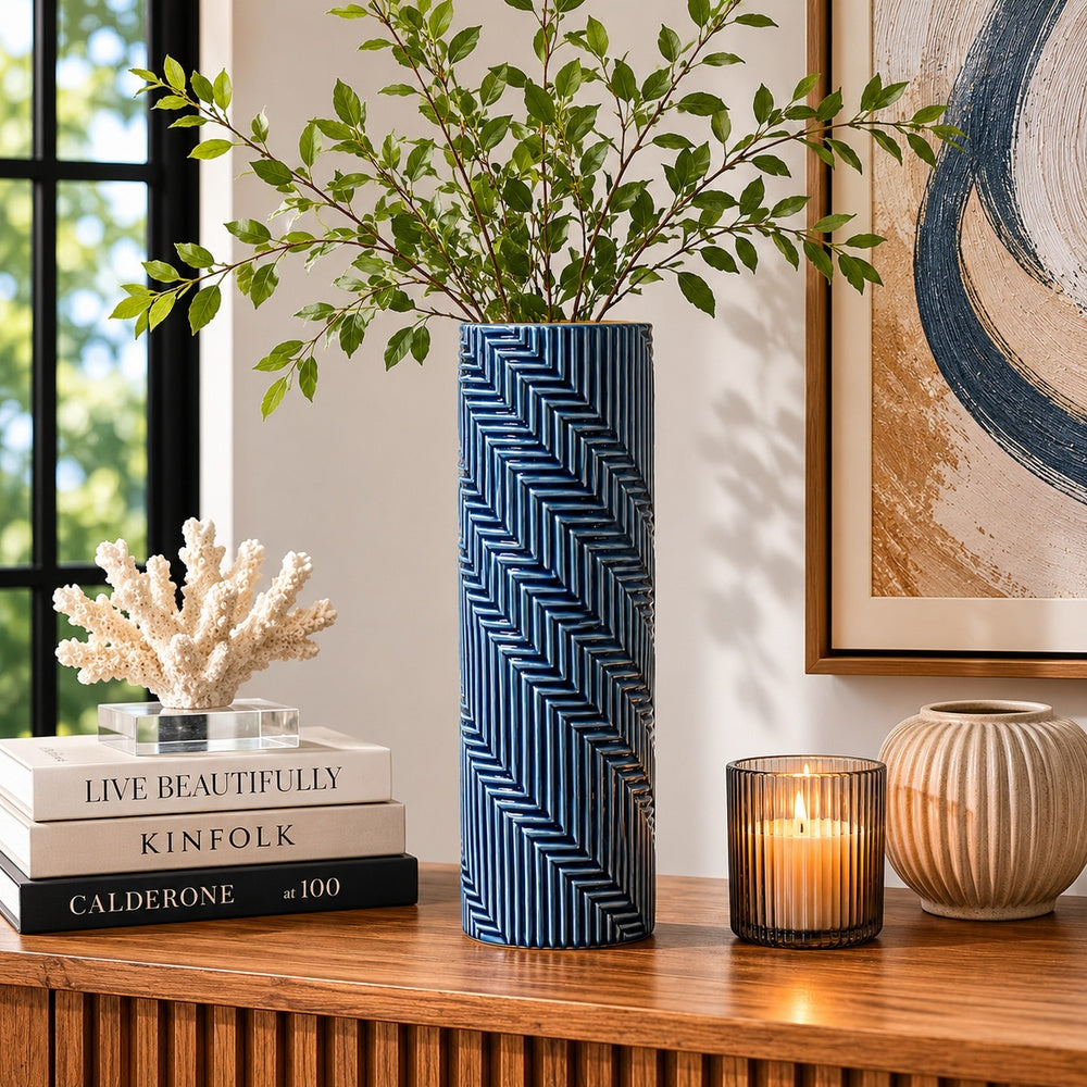 Decorative Flower Vase, Textured Herringbone, Blue Ceramic, 20 Inch-BM353551