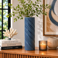 Decorative Flower Vase, Textured Herringbone, Blue Ceramic, 20 Inch-BM353551