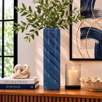 Decorative Flower Vase, Textured Herringbone, Blue Ceramic, 20 Inch-BM353551